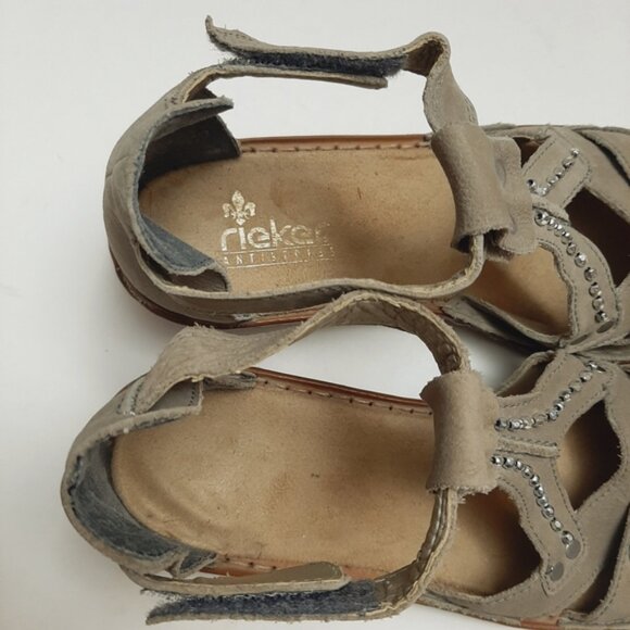 RIEKER \ Studded Gem Low Heel Open Toe Sandal Ankle Strap Taupe Gray Eur 37 US 6 - Picture 12 of 15
